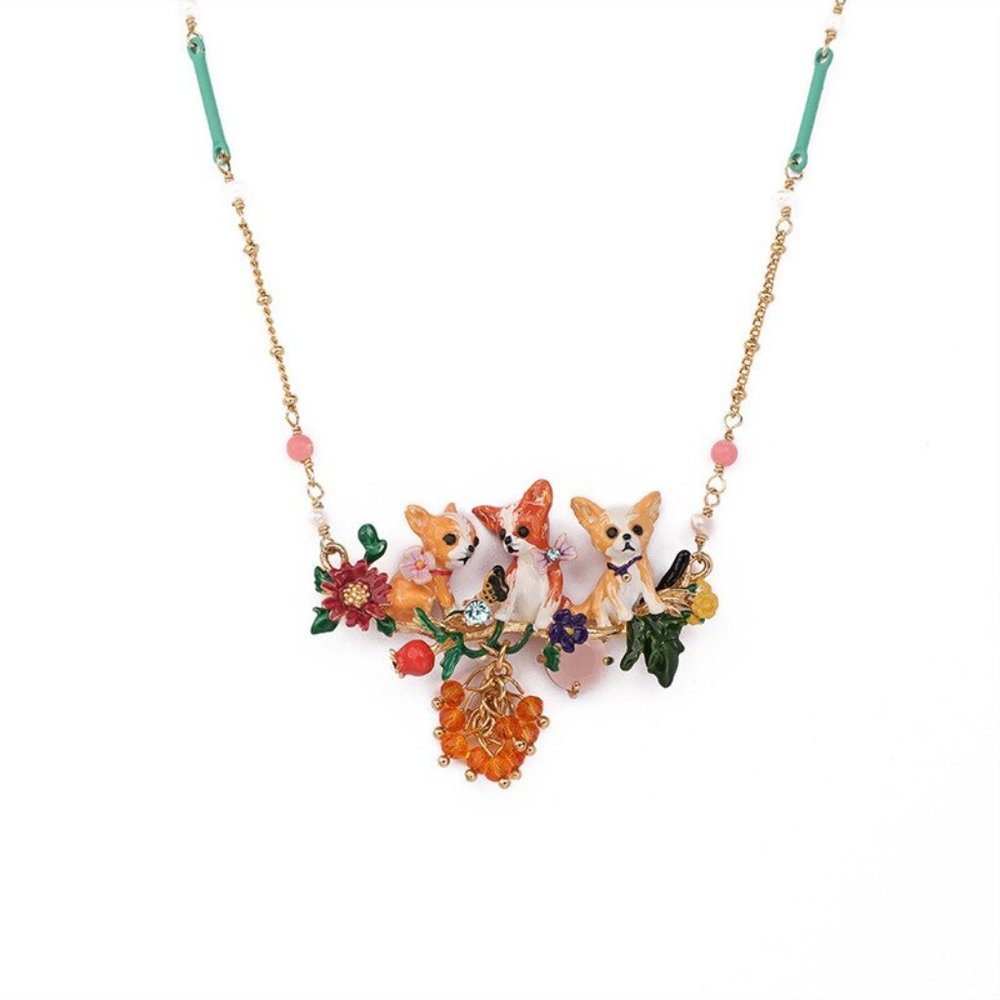 Les Nereides Family Of Chihuahuas On A Flowered Branch Necklace